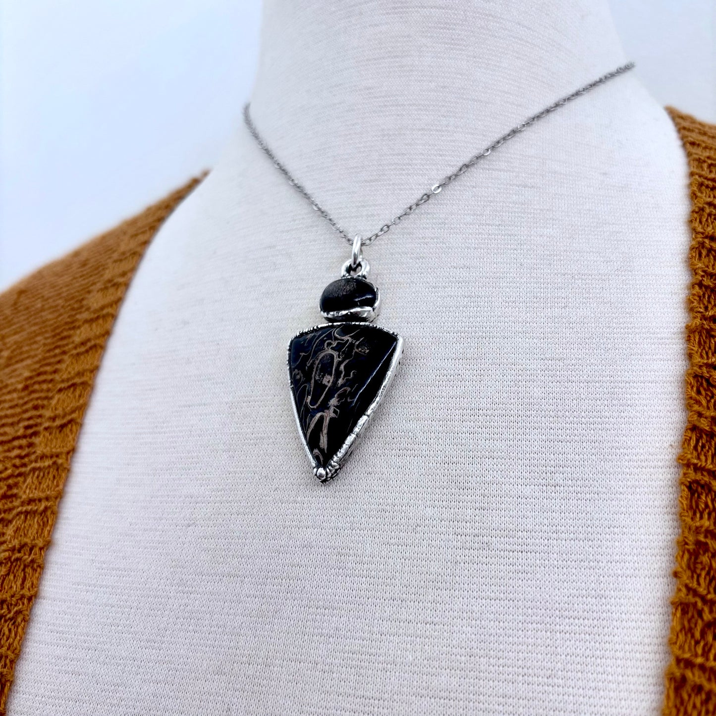 Multi Stone Black Star Sunstone Fossilized Palm Root Crystal Necklace Fine Silver / Foxlark Collection