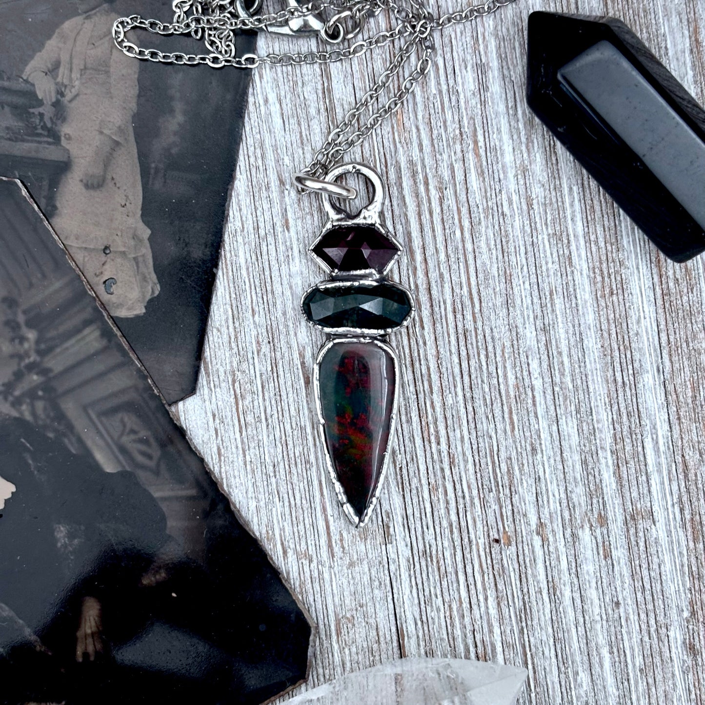 Multi Stone Garnet Moss Agate Bloodstone Crystal Necklace Fine Silver / Foxlark Collection