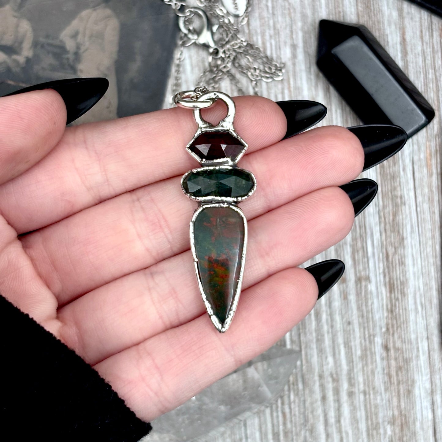 Multi Stone Garnet Moss Agate Bloodstone Crystal Necklace Fine Silver / Foxlark Collection