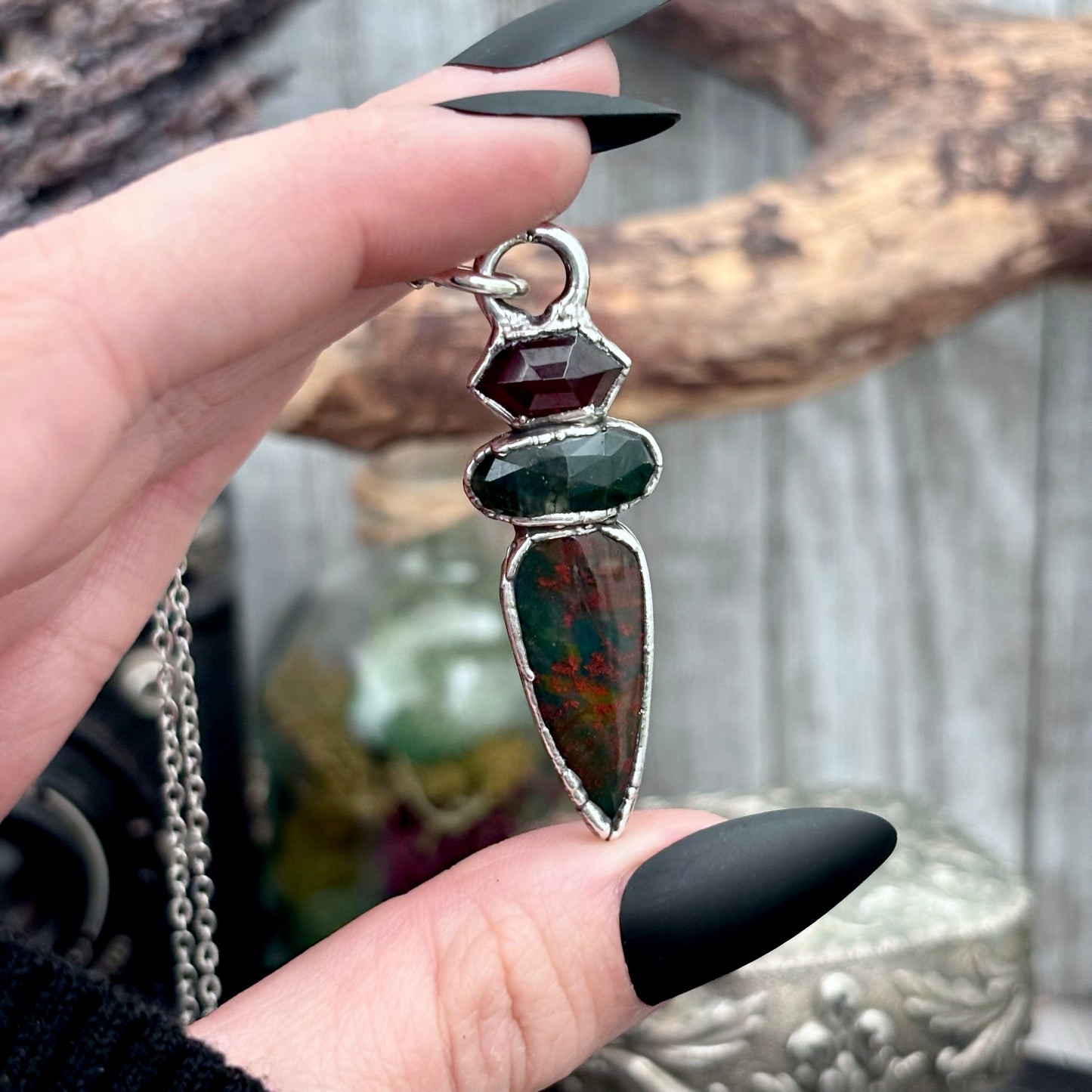 Multi Stone Garnet Moss Agate Bloodstone Crystal Necklace Fine Silver / Foxlark Collection