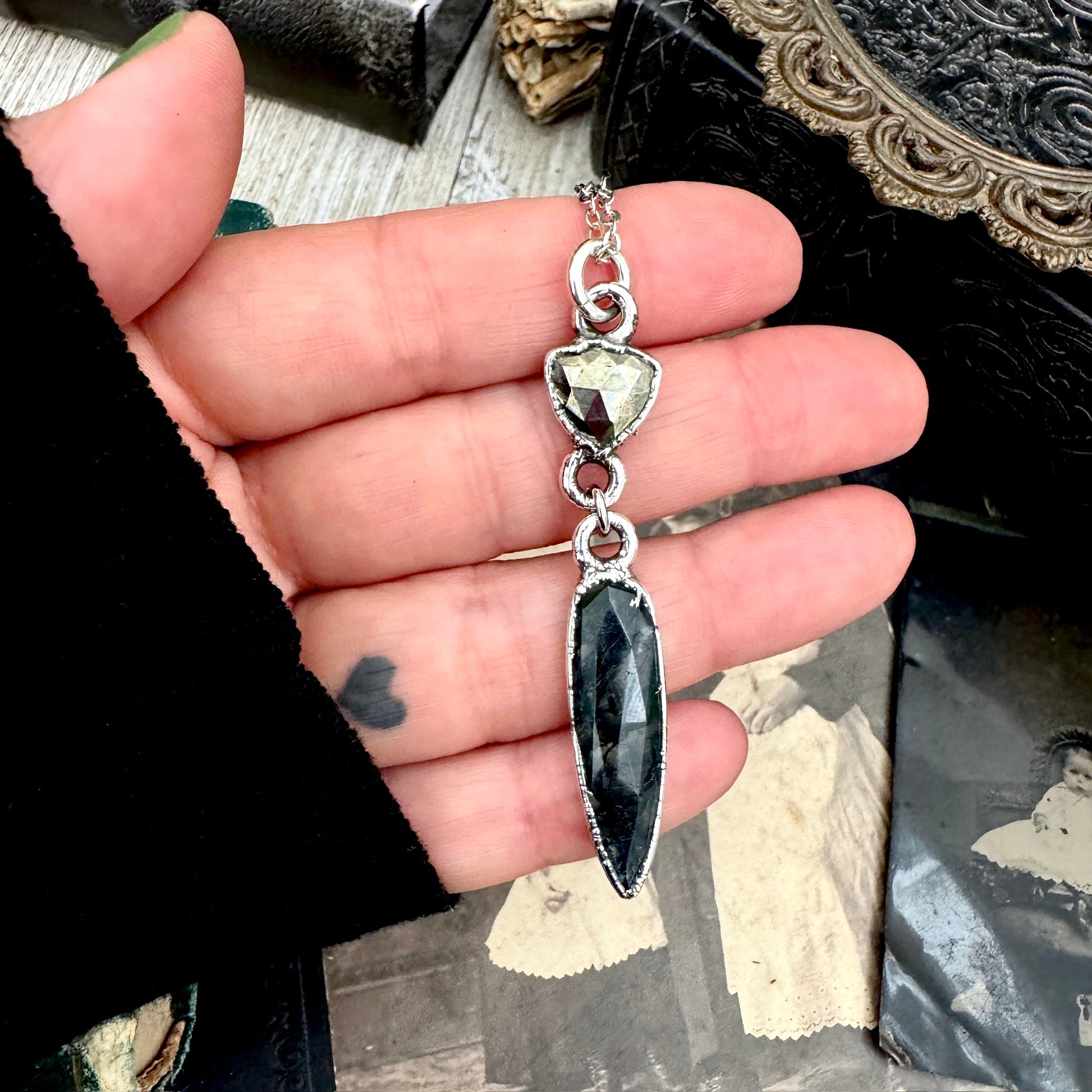 Multi Stone Pyrite and Moss Agate Charm Necklace in Fine Silver / Foxlark Collection FOXLARK