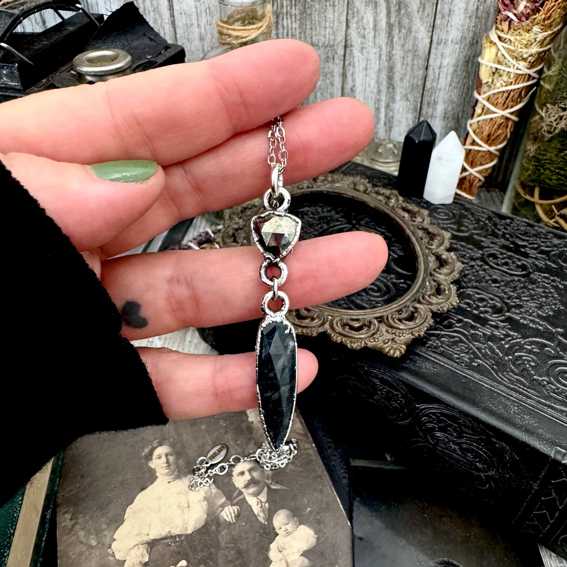 Multi Stone Pyrite and Moss Agate Charm Necklace in Fine Silver / Foxlark Collection FOXLARK