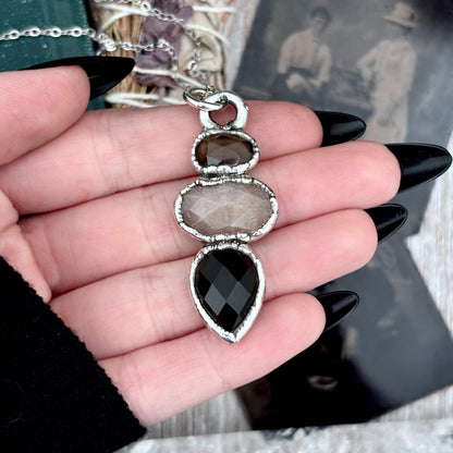 Multi Stone Smoky Quartz Peach Moonstone Black Onyx Crystal Necklace Fine Silver / Foxlark Collection