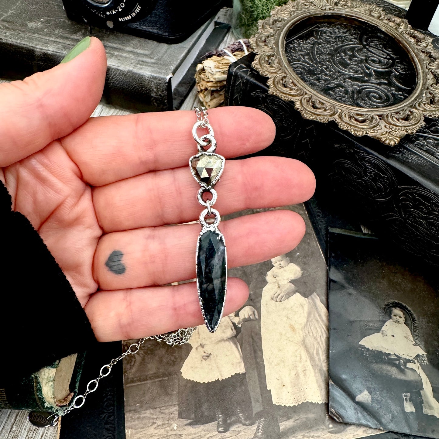 Multi Stone Pyrite and Moss Agate Charm Necklace in Fine Silver / Foxlark Collection FOXLARK