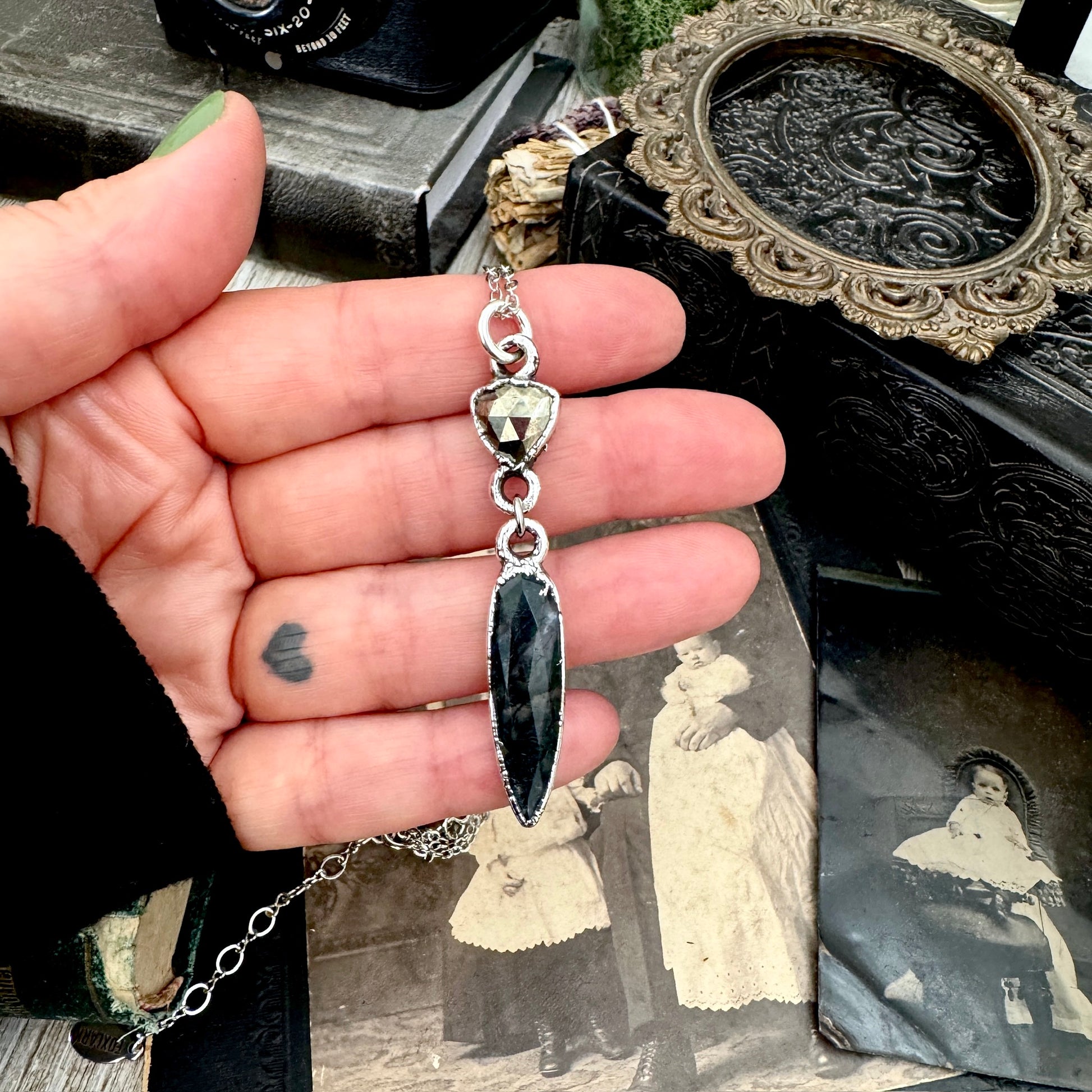 Multi Stone Pyrite and Moss Agate Charm Necklace in Fine Silver / Foxlark Collection FOXLARK