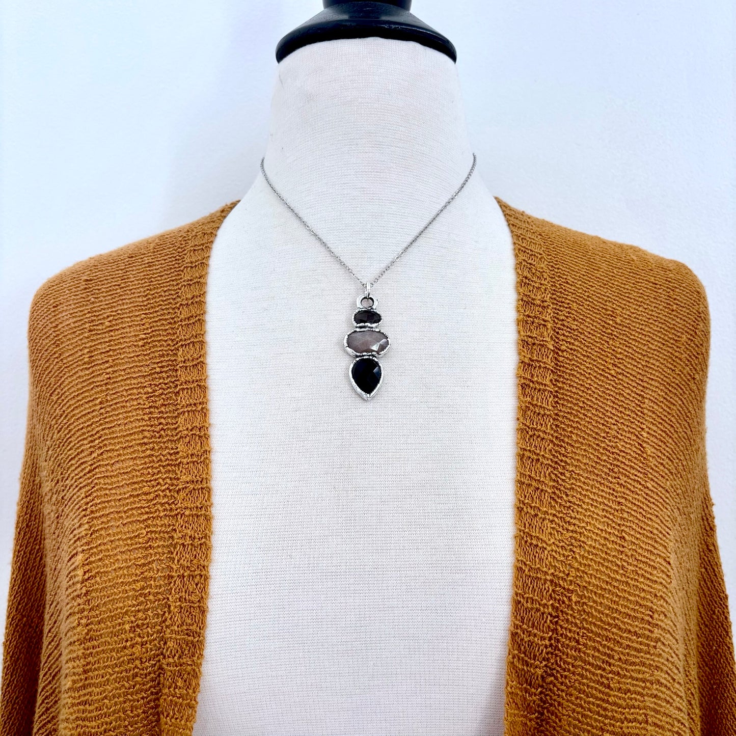 Multi Stone Smoky Quartz Peach Moonstone Black Onyx Crystal Necklace Fine Silver / Foxlark Collection