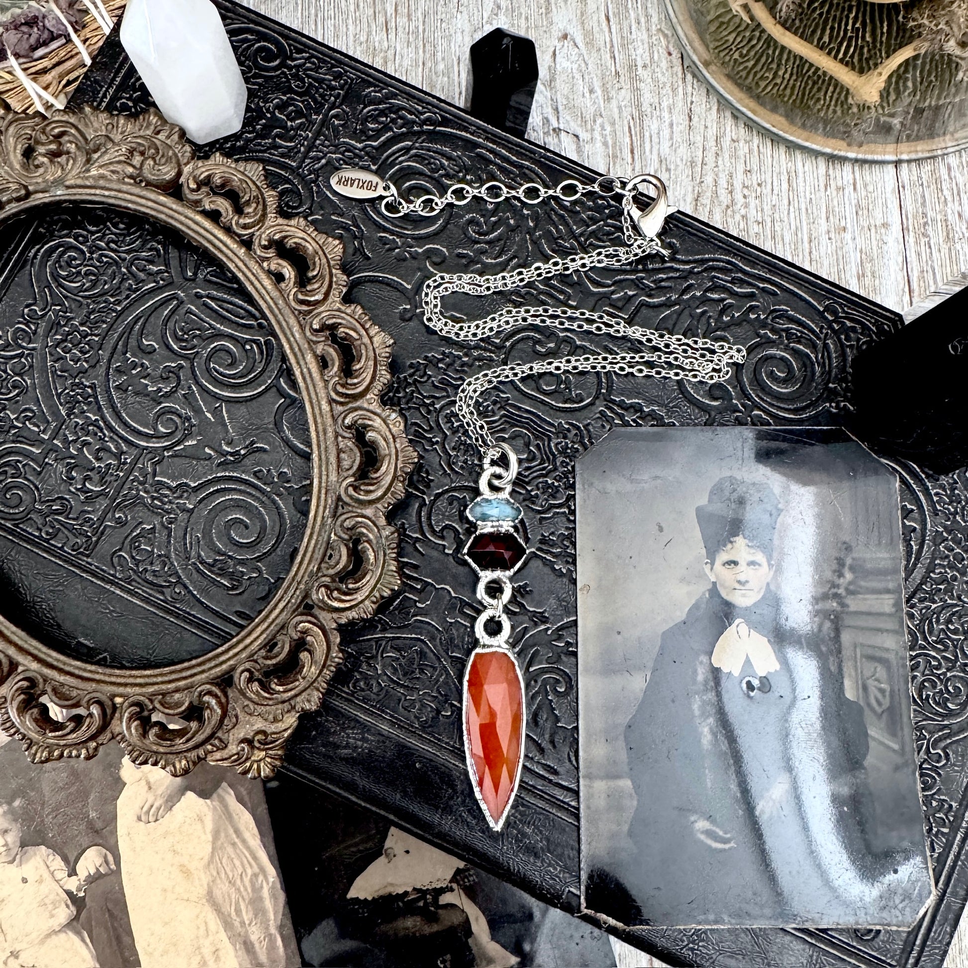 Multi Stone Blue Kyanite, Garnet and Carnelian Charm Necklace in Fine Silver / Foxlark Collection FOXLARK