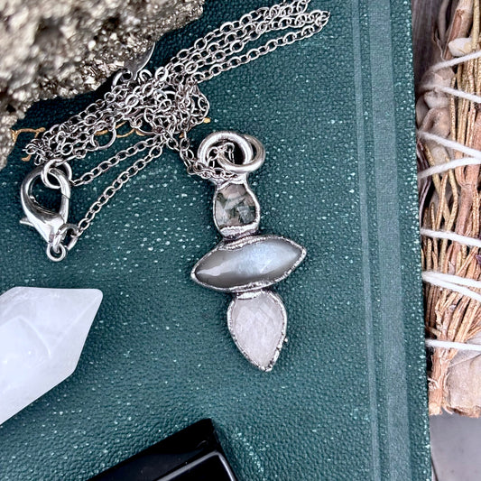 Multi Stone Moss Agate Grey Moonstone Clear Quartz Crystal Necklace Fine Silver / Foxlark Collection