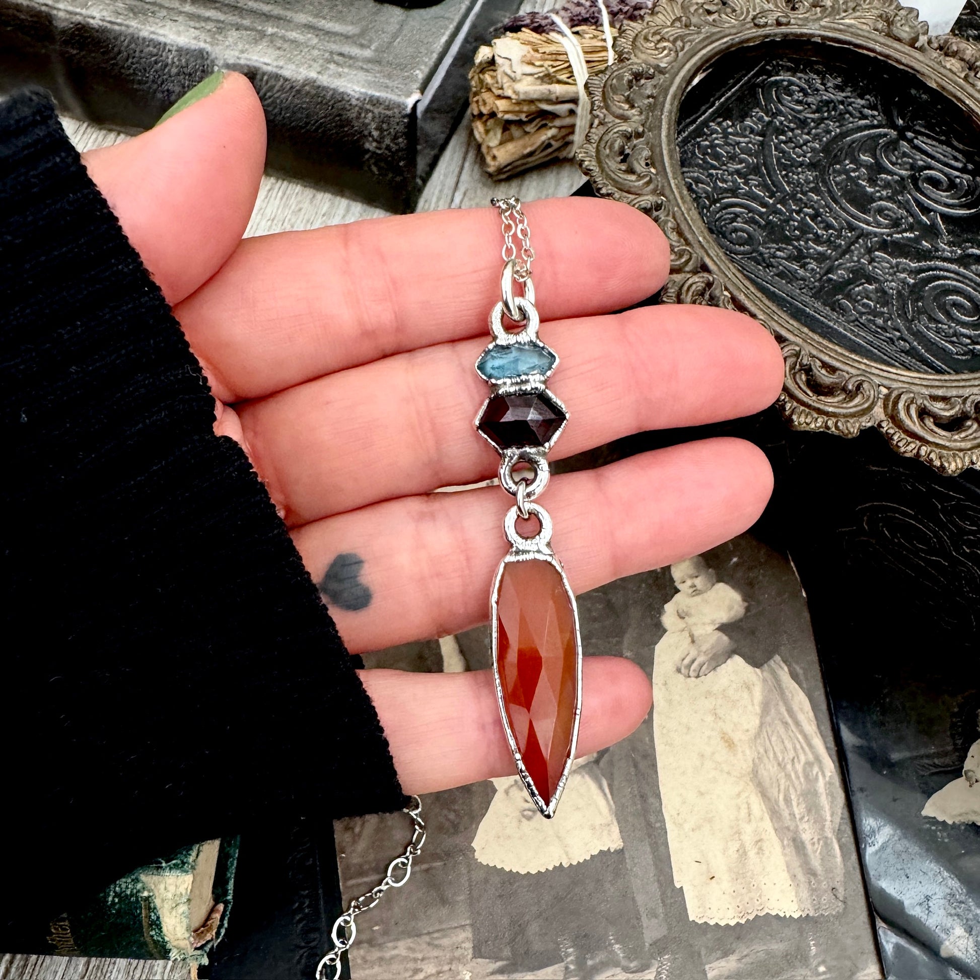 Multi Stone Blue Kyanite, Garnet and Carnelian Charm Necklace in Fine Silver / Foxlark Collection FOXLARK