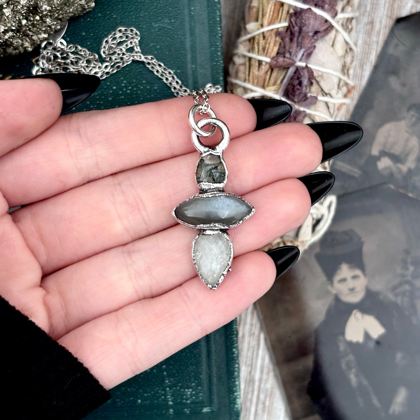 Multi Stone Moss Agate Grey Moonstone Clear Quartz Crystal Necklace Fine Silver / Foxlark Collection
