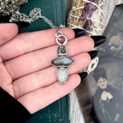 Multi Stone Moss Agate Grey Moonstone Clear Quartz Crystal Necklace Fine Silver / Foxlark Collection
