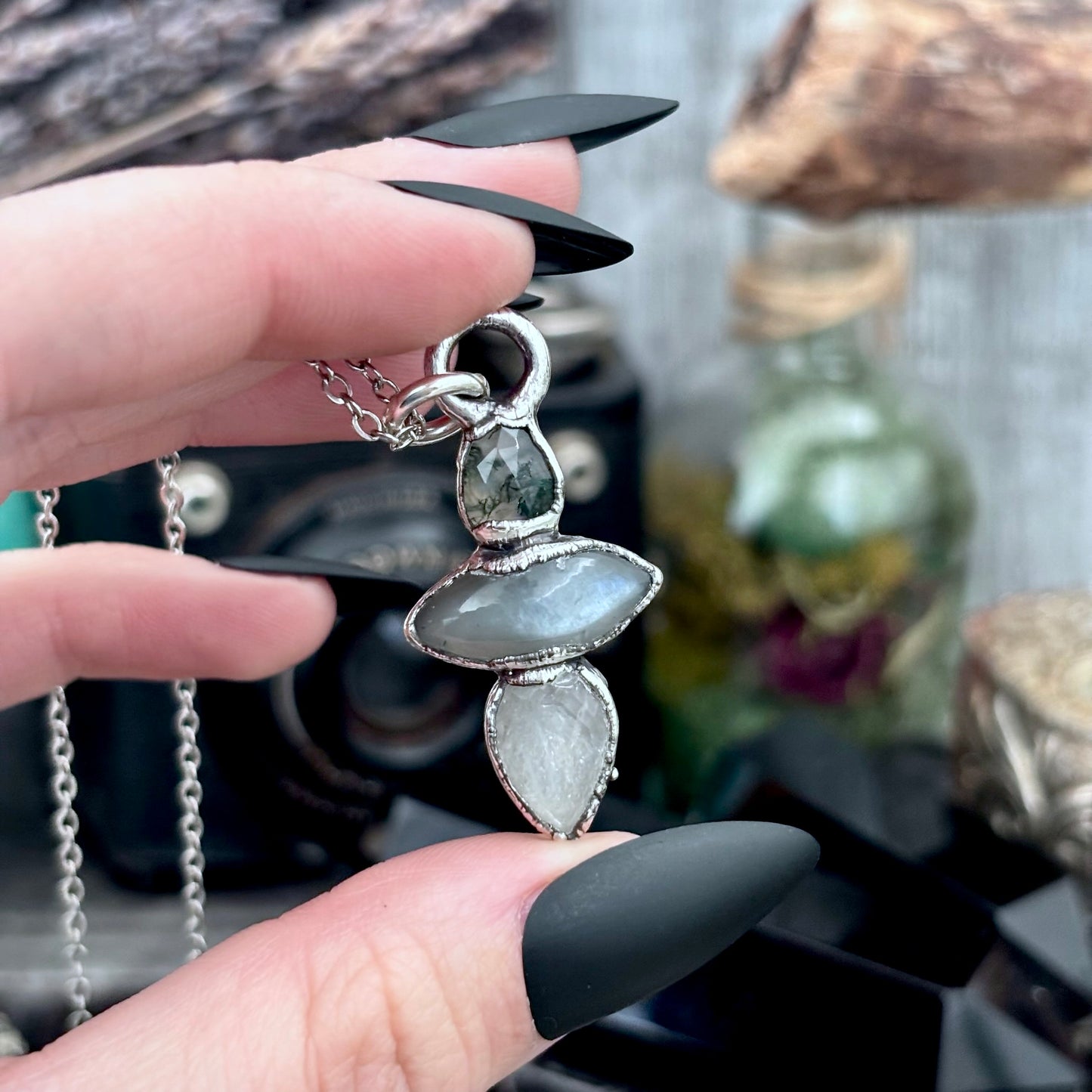 Multi Stone Moss Agate Grey Moonstone Clear Quartz Crystal Necklace Fine Silver / Foxlark Collection