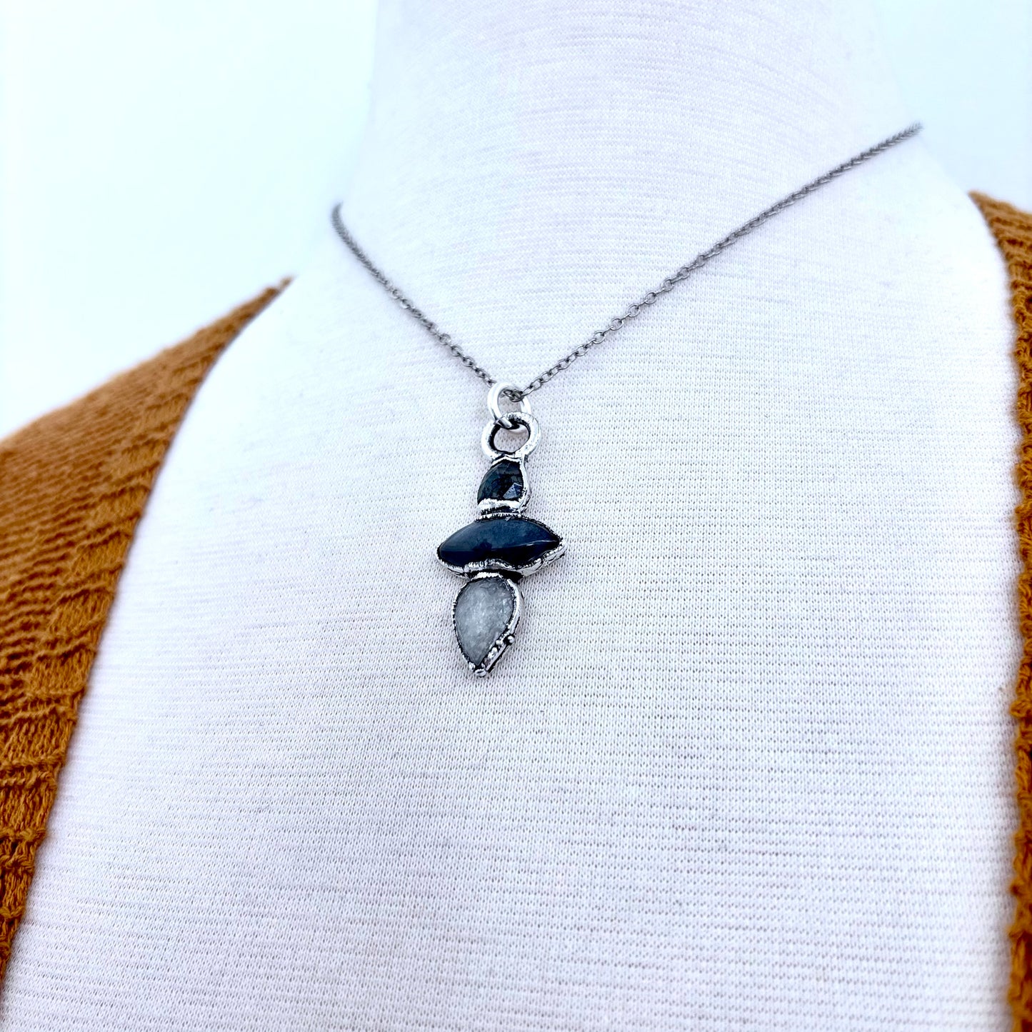 Multi Stone Moss Agate Grey Moonstone Clear Quartz Crystal Necklace Fine Silver / Foxlark Collection
