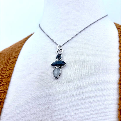 Multi Stone Moss Agate Grey Moonstone Clear Quartz Crystal Necklace Fine Silver / Foxlark Collection