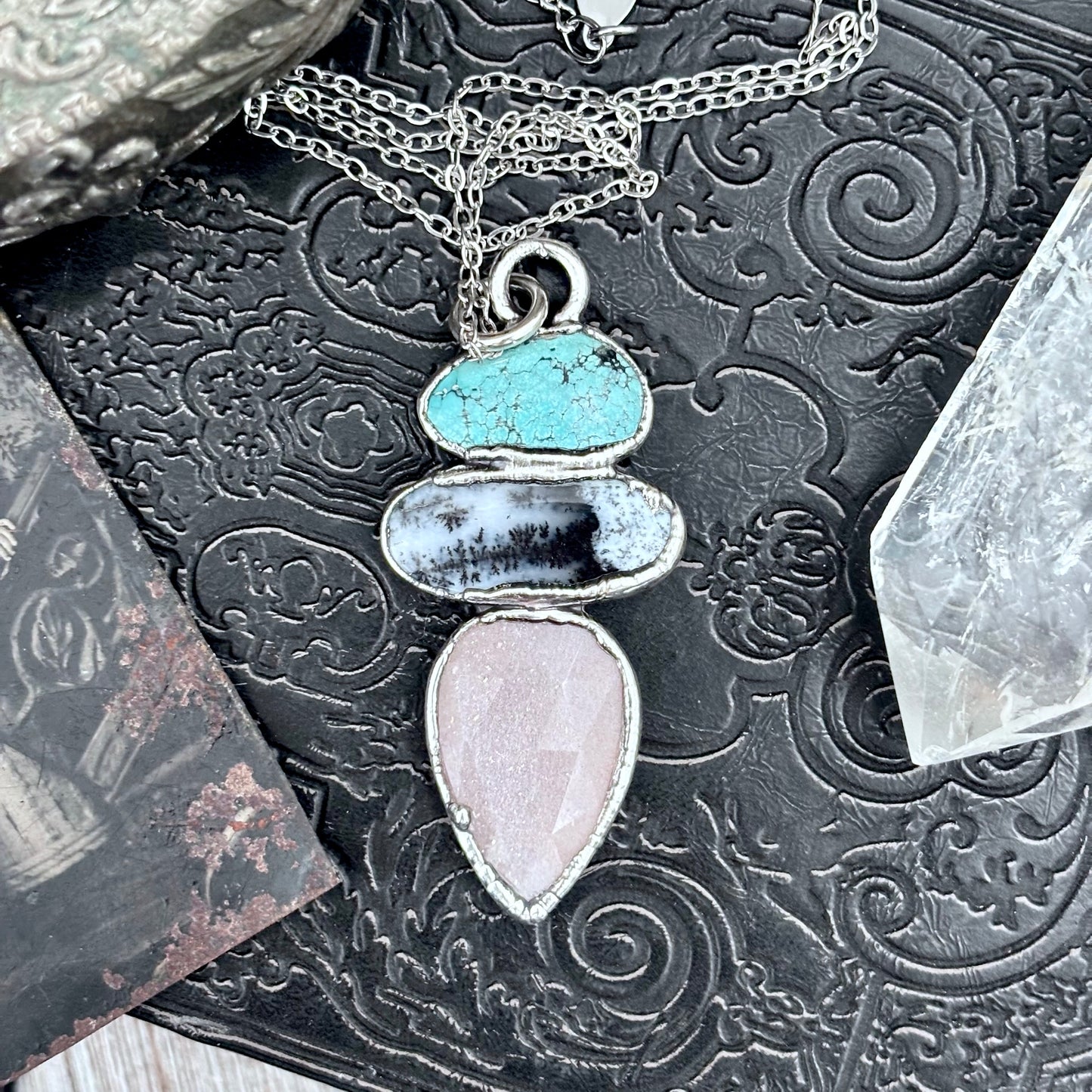 Multi Stone Turquoise Dendritic Agate Peach Moonstone Crystal Necklace Fine Silver / Foxlark Collection