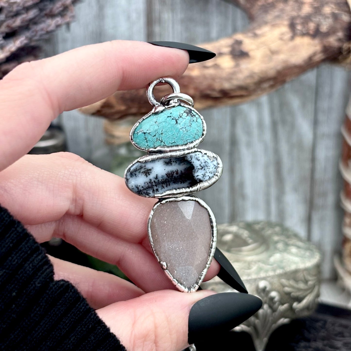 Multi Stone Turquoise Dendritic Agate Peach Moonstone Crystal Necklace Fine Silver / Foxlark Collection