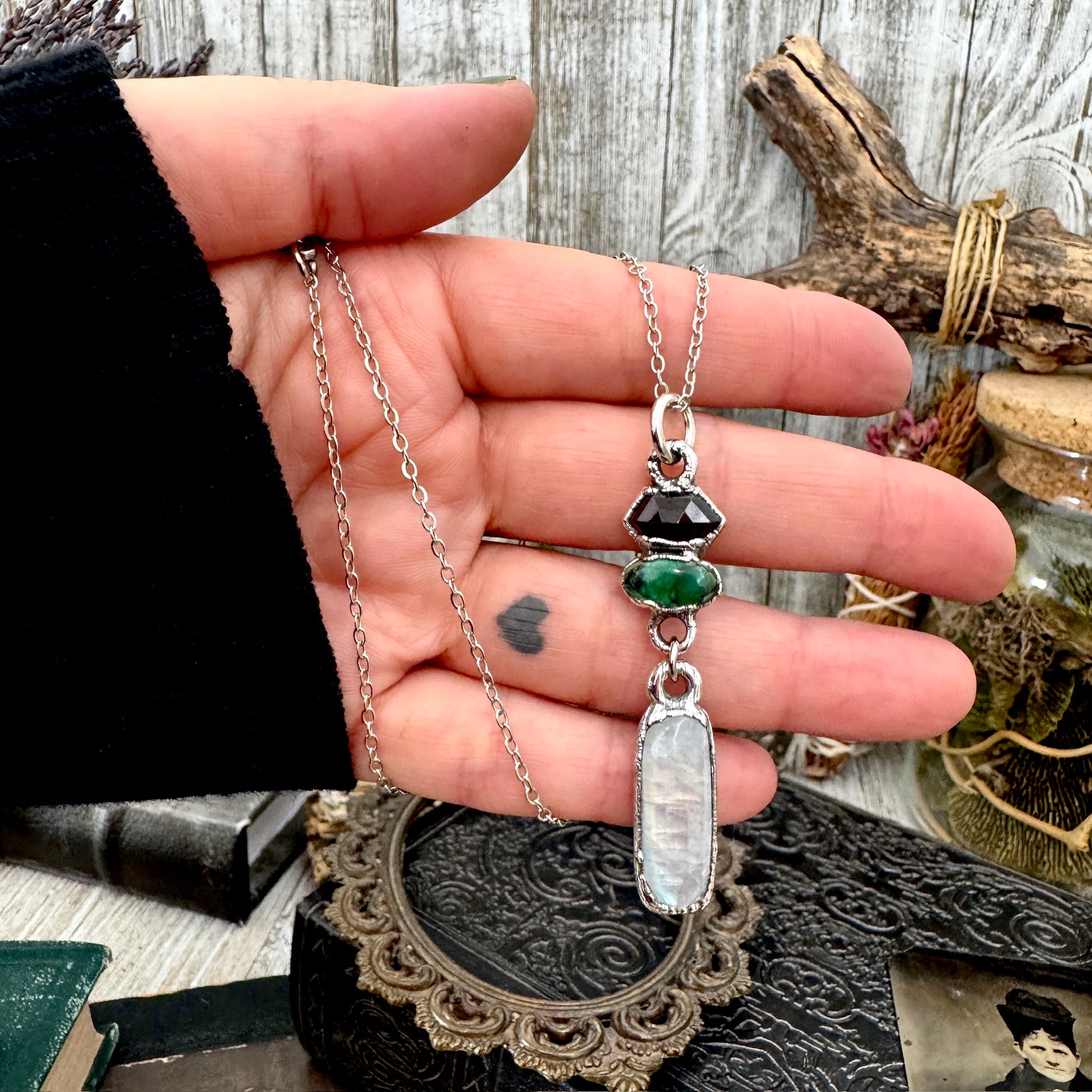 Multi Stone Garnet, Sapphire and Moonstone Charm Necklace in Fine Silver / Foxlark Collection FOXLARK