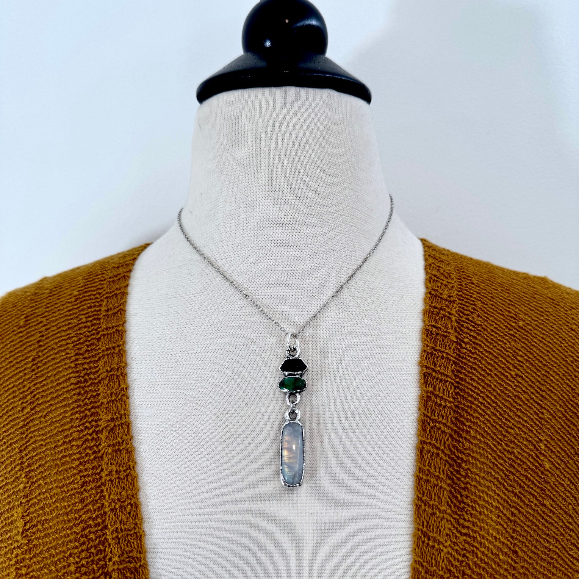 Multi Stone Garnet, Sapphire and Moonstone Charm Necklace in Fine Silver / Foxlark Collection FOXLARK