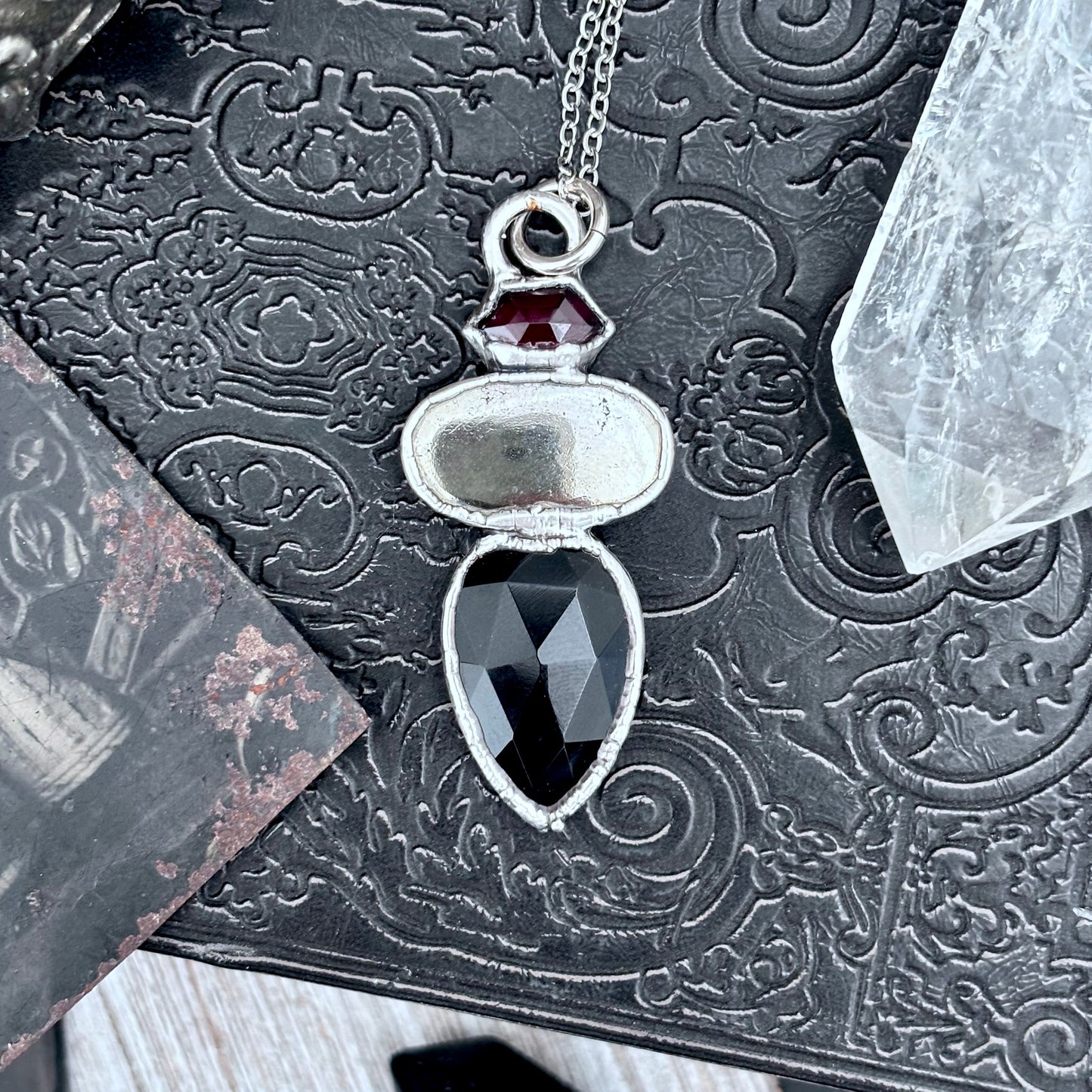 Multi Stone Garnet Pyrite Black Onyx Crystal Necklace Fine Silver / Foxlark Collection