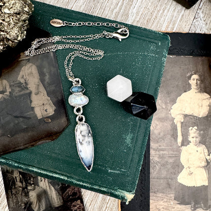 Multi Stone Blue Kyanite, Moonstone and Rainbow Moonstone with Black Tourmaline Charm Necklace in Fine Silver / Foxlark Collection