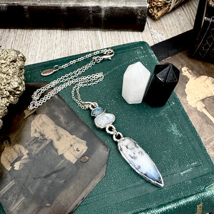 Multi Stone Blue Kyanite, Moonstone and Rainbow Moonstone with Black Tourmaline Charm Necklace in Fine Silver / Foxlark Collection
