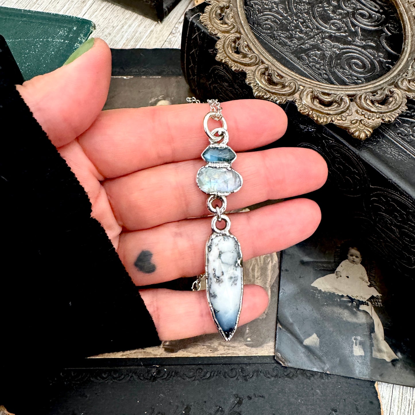 Multi Stone Blue Kyanite, Moonstone and Rainbow Moonstone with Black Tourmaline Charm Necklace in Fine Silver / Foxlark Collection