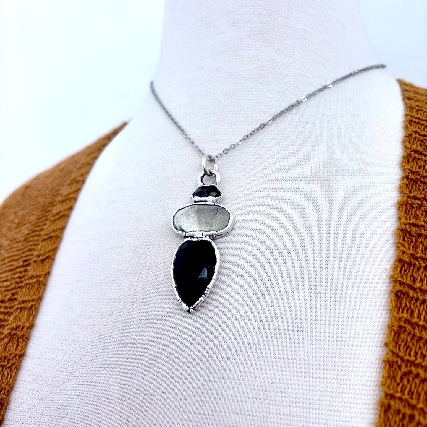 Multi Stone Garnet Pyrite Black Onyx Crystal Necklace Fine Silver / Foxlark Collection