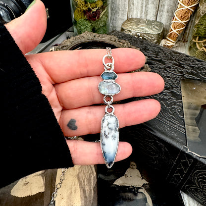 Multi Stone Blue Kyanite, Moonstone and Rainbow Moonstone with Black Tourmaline Charm Necklace in Fine Silver / Foxlark Collection