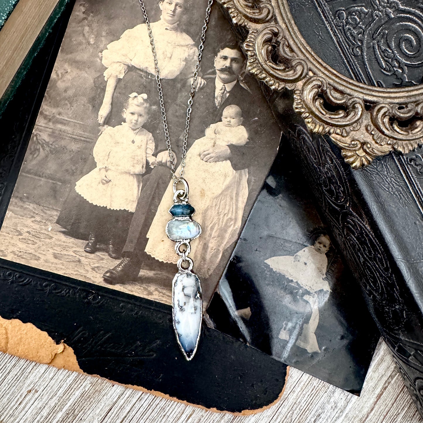 Multi Stone Blue Kyanite, Moonstone and Rainbow Moonstone with Black Tourmaline Charm Necklace in Fine Silver / Foxlark Collection