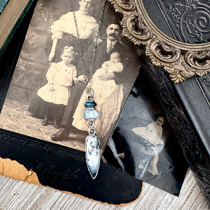 Multi Stone Blue Kyanite, Moonstone and Rainbow Moonstone with Black Tourmaline Charm Necklace in Fine Silver / Foxlark Collection