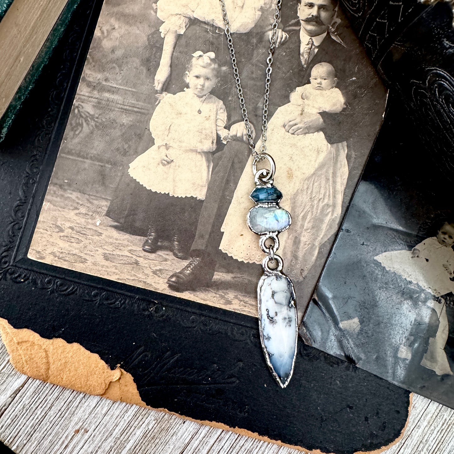 Multi Stone Blue Kyanite, Moonstone and Rainbow Moonstone with Black Tourmaline Charm Necklace in Fine Silver / Foxlark Collection
