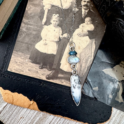 Multi Stone Blue Kyanite, Moonstone and Rainbow Moonstone with Black Tourmaline Charm Necklace in Fine Silver / Foxlark Collection