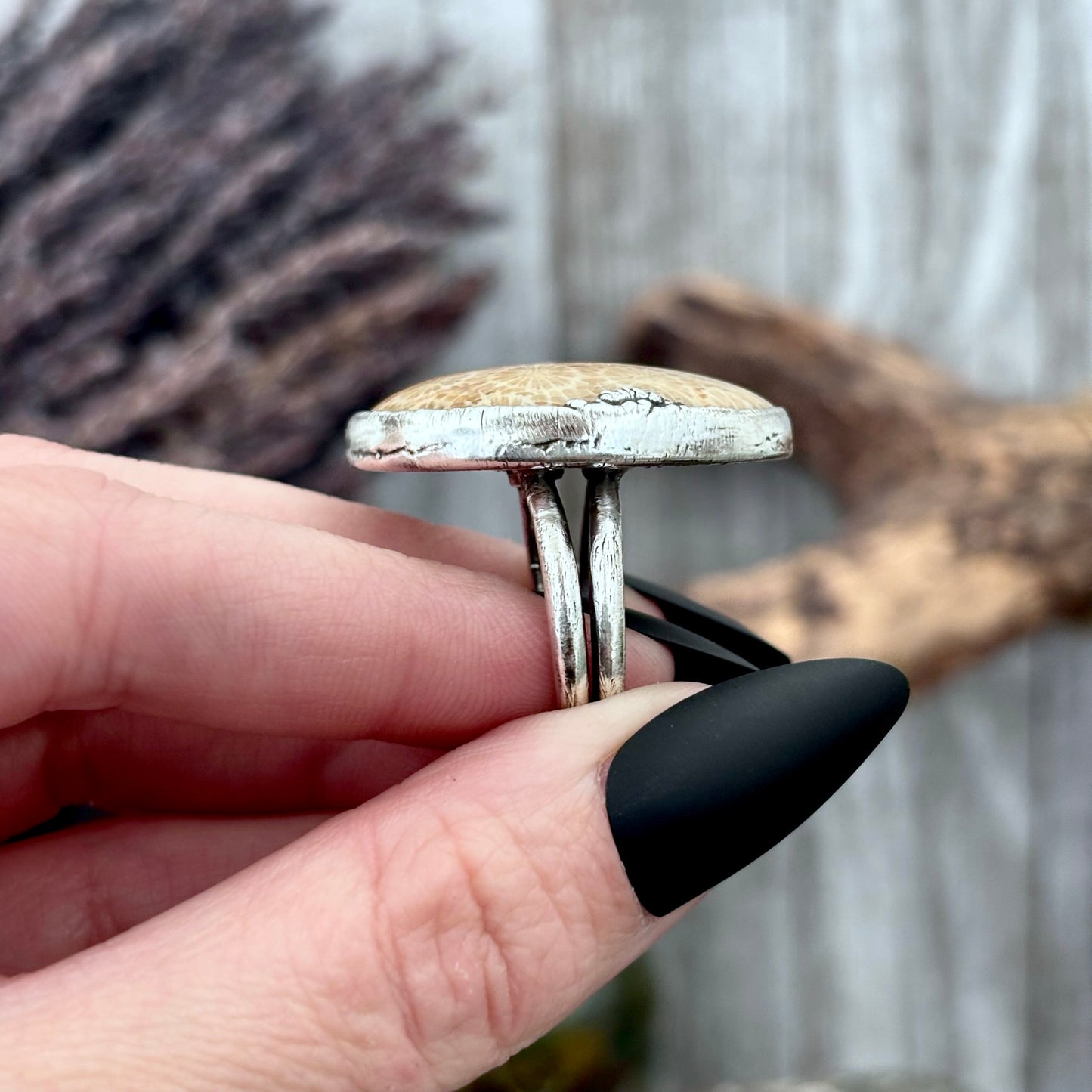 Fossilized Coral Crystal Ring Fine Silver Size 8 / Foxlark Collection - One of a Kind
