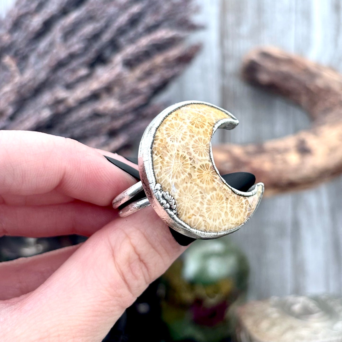 Fossilized Coral Crystal Ring Fine Silver Size 8 / Foxlark Collection - One of a Kind