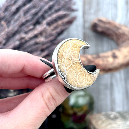 Fossilized Coral Crystal Ring Fine Silver Size 8 / Foxlark Collection - One of a Kind