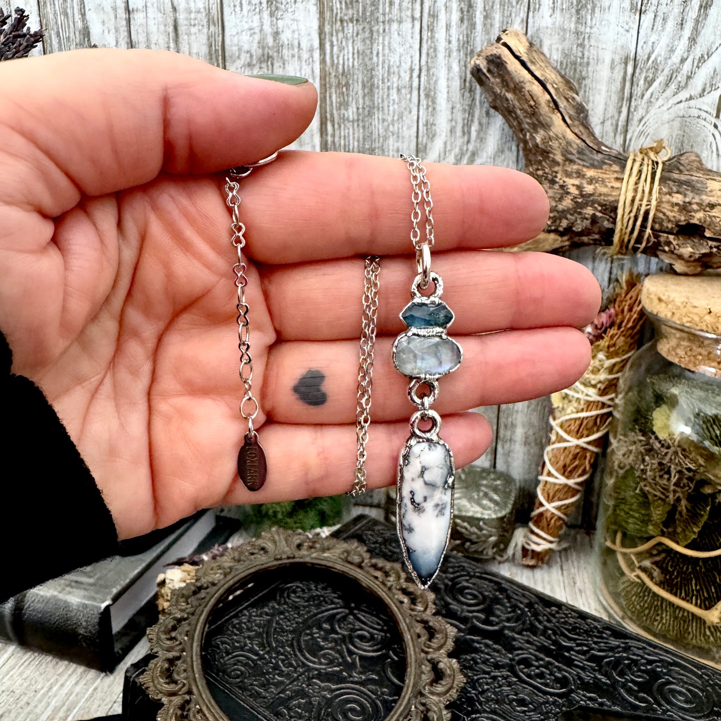Multi Stone Blue Kyanite, Moonstone and Rainbow Moonstone with Black Tourmaline Charm Necklace in Fine Silver / Foxlark Collection