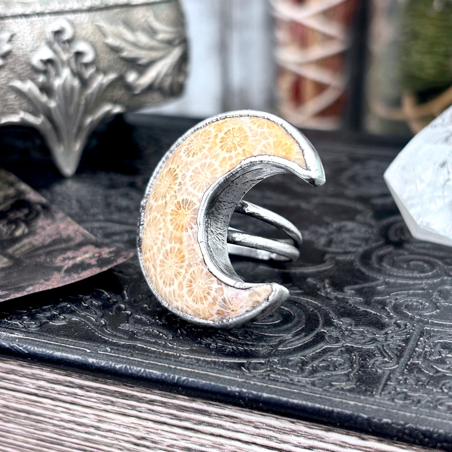 Fossilized Coral Crystal Ring Fine Silver Size 8 / Foxlark Collection - One of a Kind