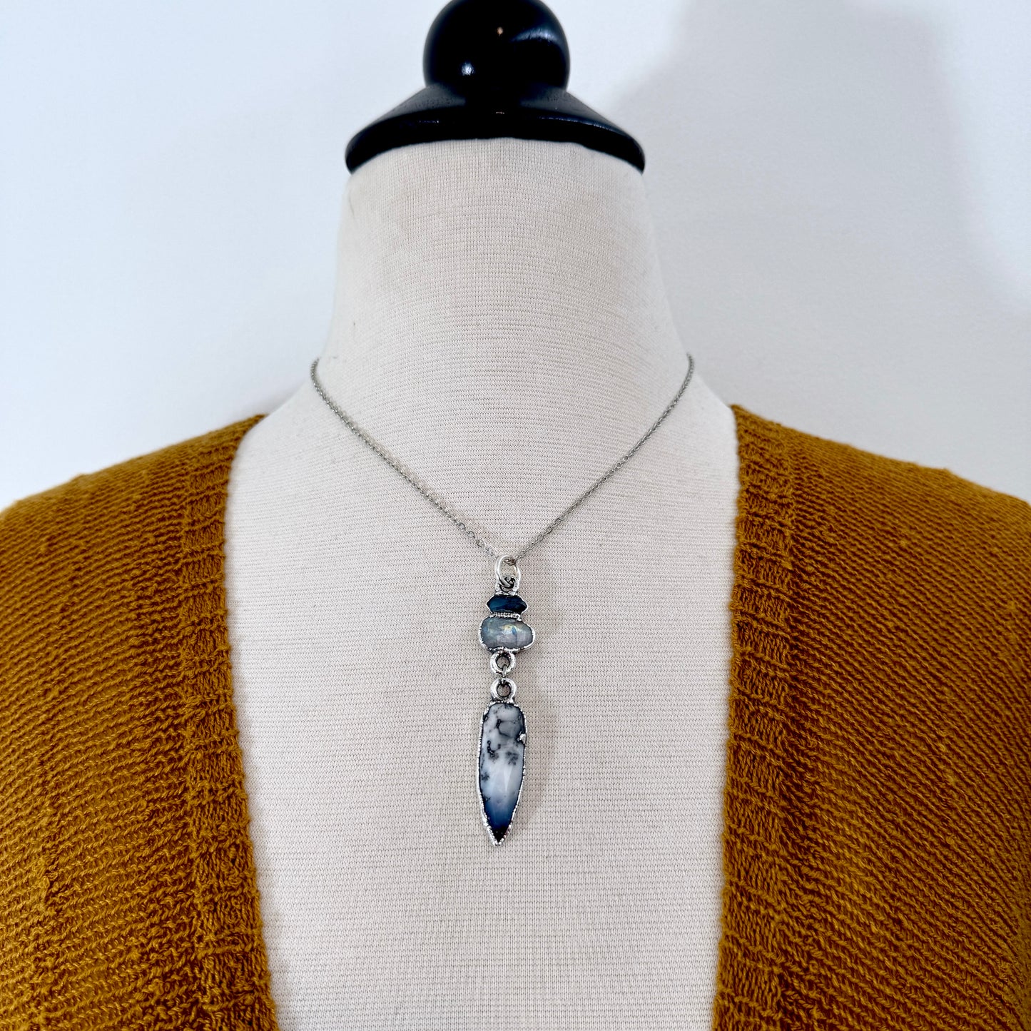 Multi Stone Blue Kyanite, Moonstone and Rainbow Moonstone with Black Tourmaline Charm Necklace in Fine Silver / Foxlark Collection