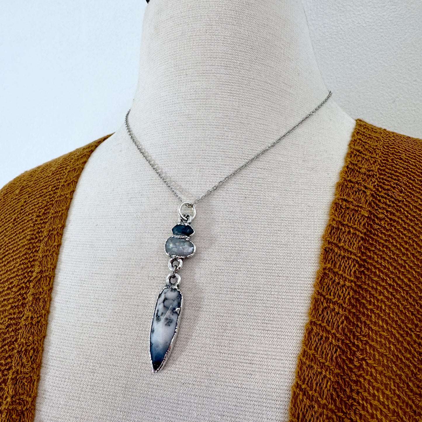 Multi Stone Blue Kyanite, Moonstone and Rainbow Moonstone with Black Tourmaline Charm Necklace in Fine Silver / Foxlark Collection