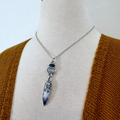 Multi Stone Blue Kyanite, Moonstone and Rainbow Moonstone with Black Tourmaline Charm Necklace in Fine Silver / Foxlark Collection