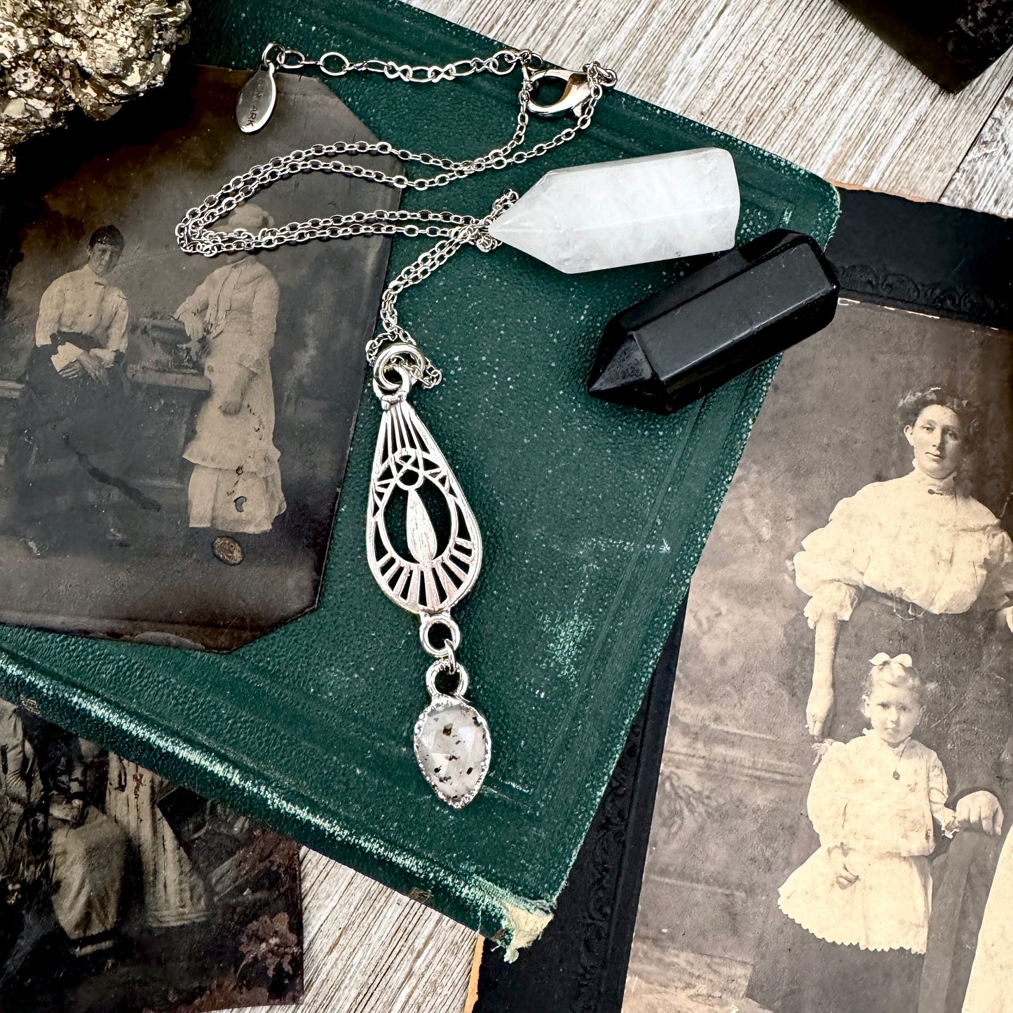 Graphite Infused Quartz Charm Necklace in Fine Silver / Foxlark Collection - One of a Kind