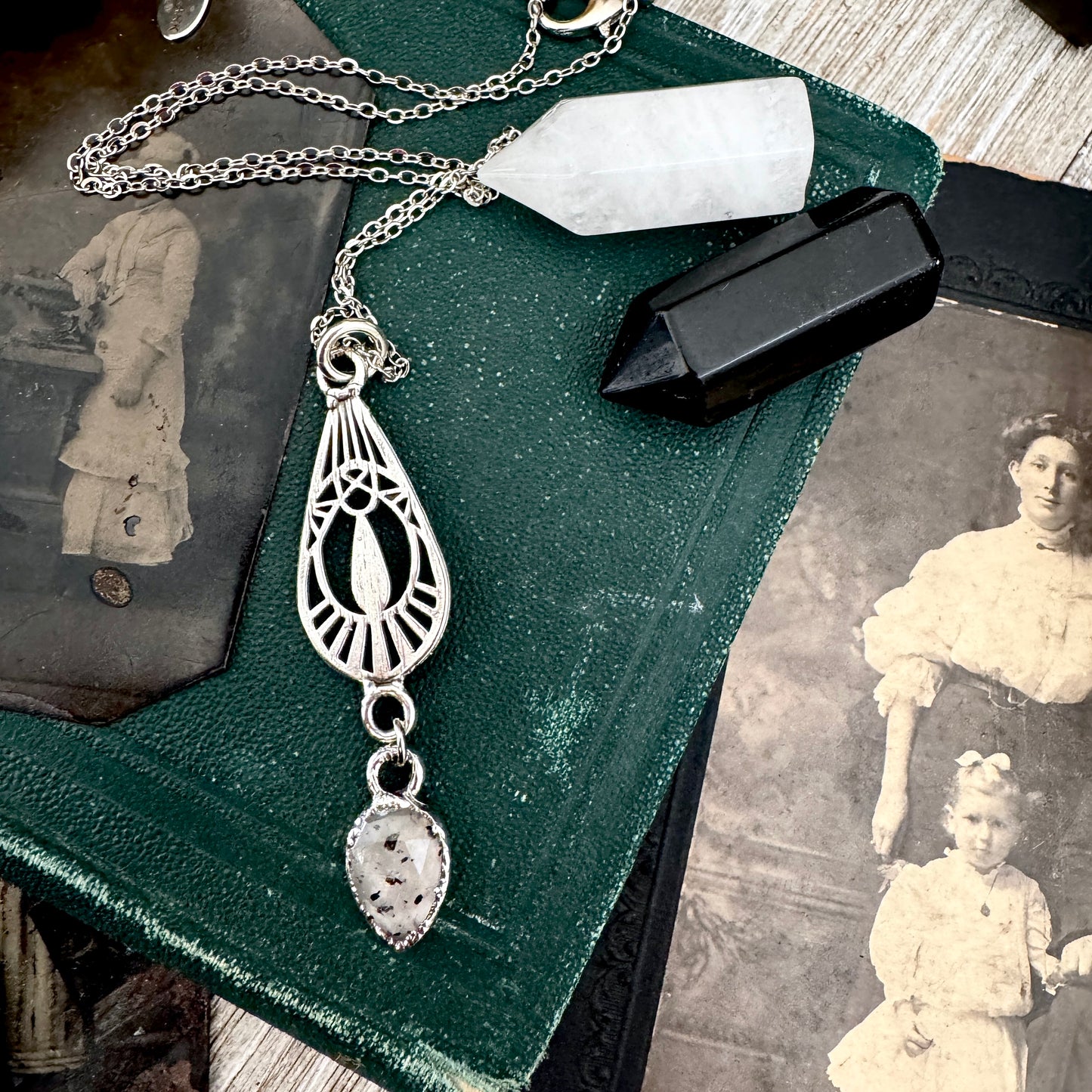 Graphite Infused Quartz Charm Necklace in Fine Silver / Foxlark Collection - One of a Kind