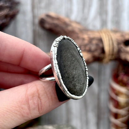 Silver Sheen Obsidian Crystal Ring Fine Silver Size 6.5 / Foxlark Collection - One of a Kind