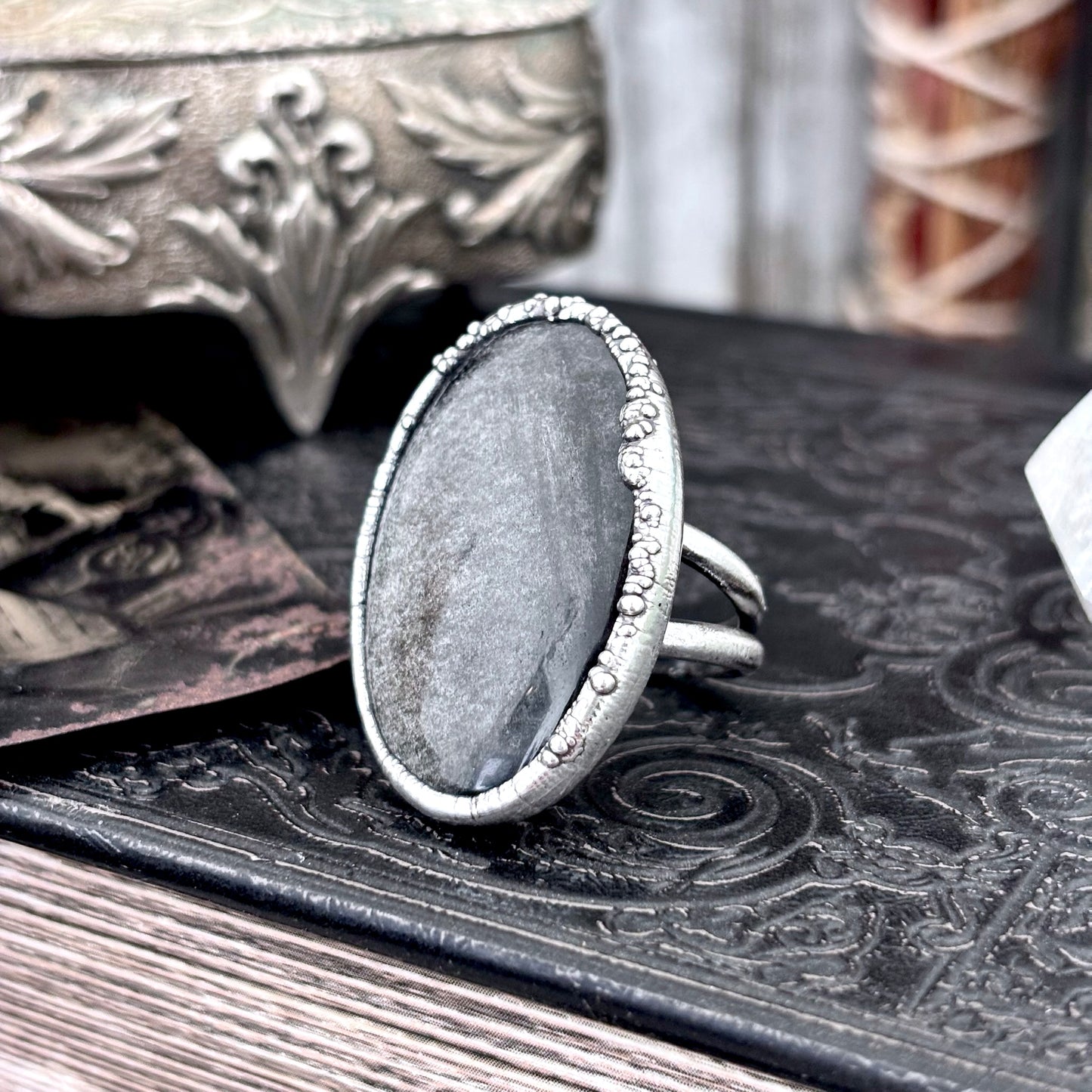 Silver Sheen Obsidian Crystal Ring Fine Silver Size 6.5 / Foxlark Collection - One of a Kind