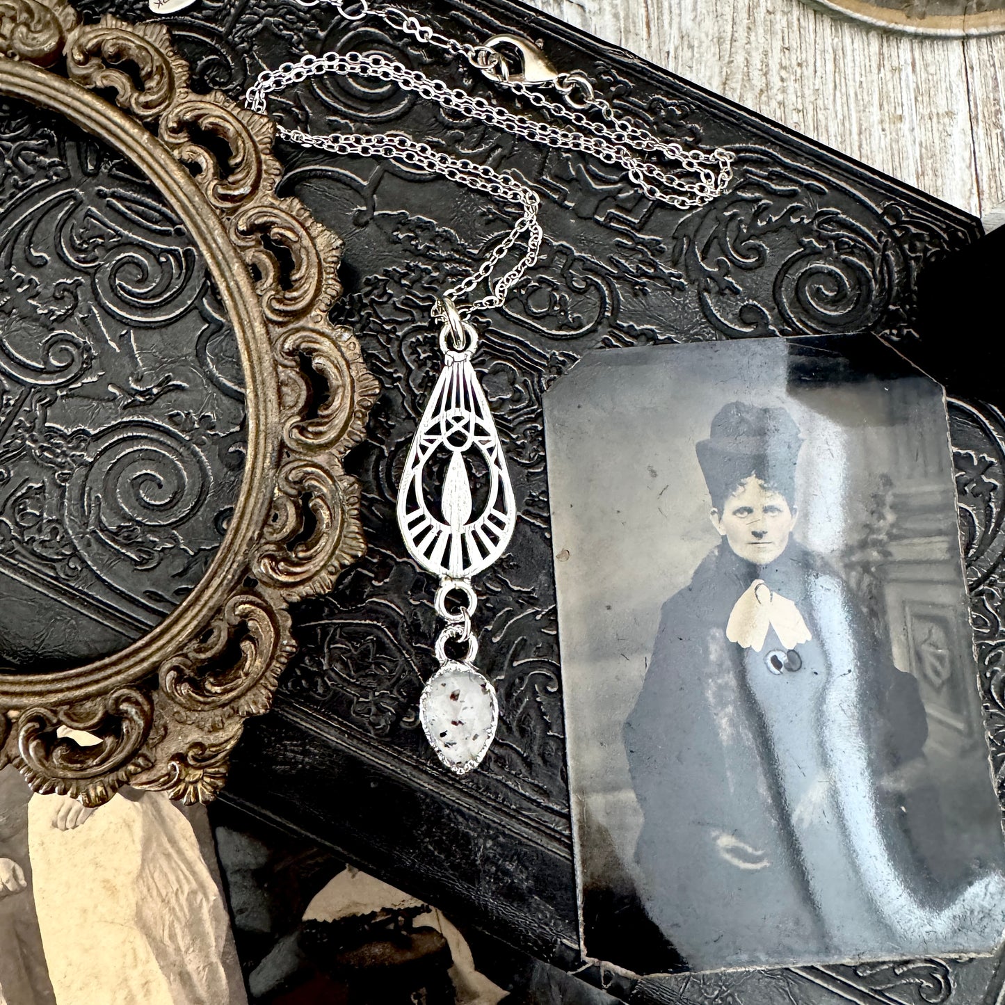 Graphite Infused Quartz Charm Necklace in Fine Silver / Foxlark Collection - One of a Kind