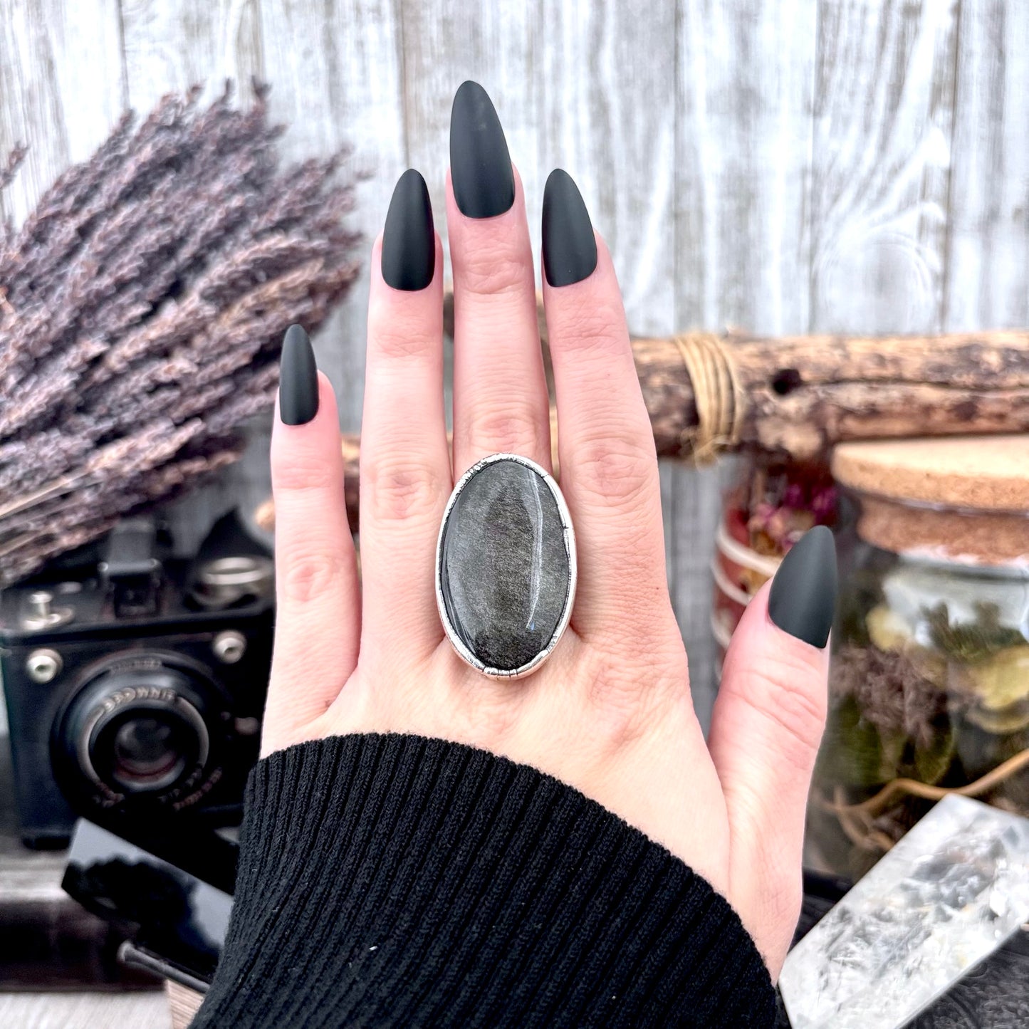 Silver Sheen Obsidian Crystal Ring Fine Silver Size 9 / Foxlark Collection - One of a Kind