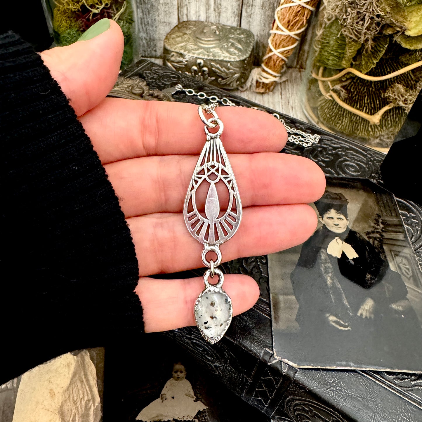 Graphite Infused Quartz Charm Necklace in Fine Silver / Foxlark Collection - One of a Kind