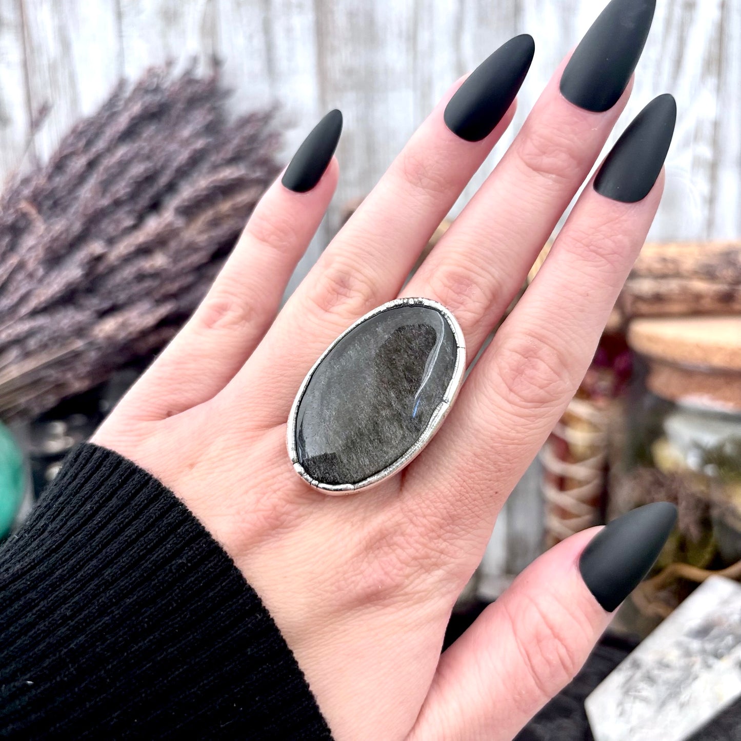 Silver Sheen Obsidian Crystal Ring Fine Silver Size 9 / Foxlark Collection - One of a Kind