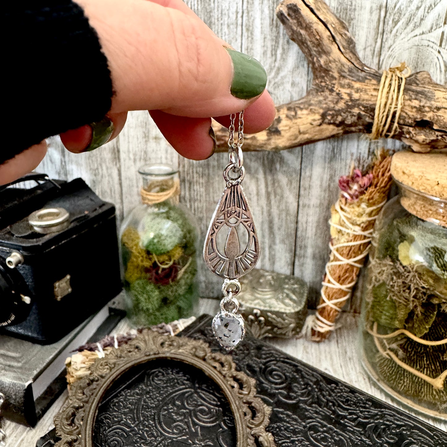 Graphite Infused Quartz Charm Necklace in Fine Silver / Foxlark Collection - One of a Kind