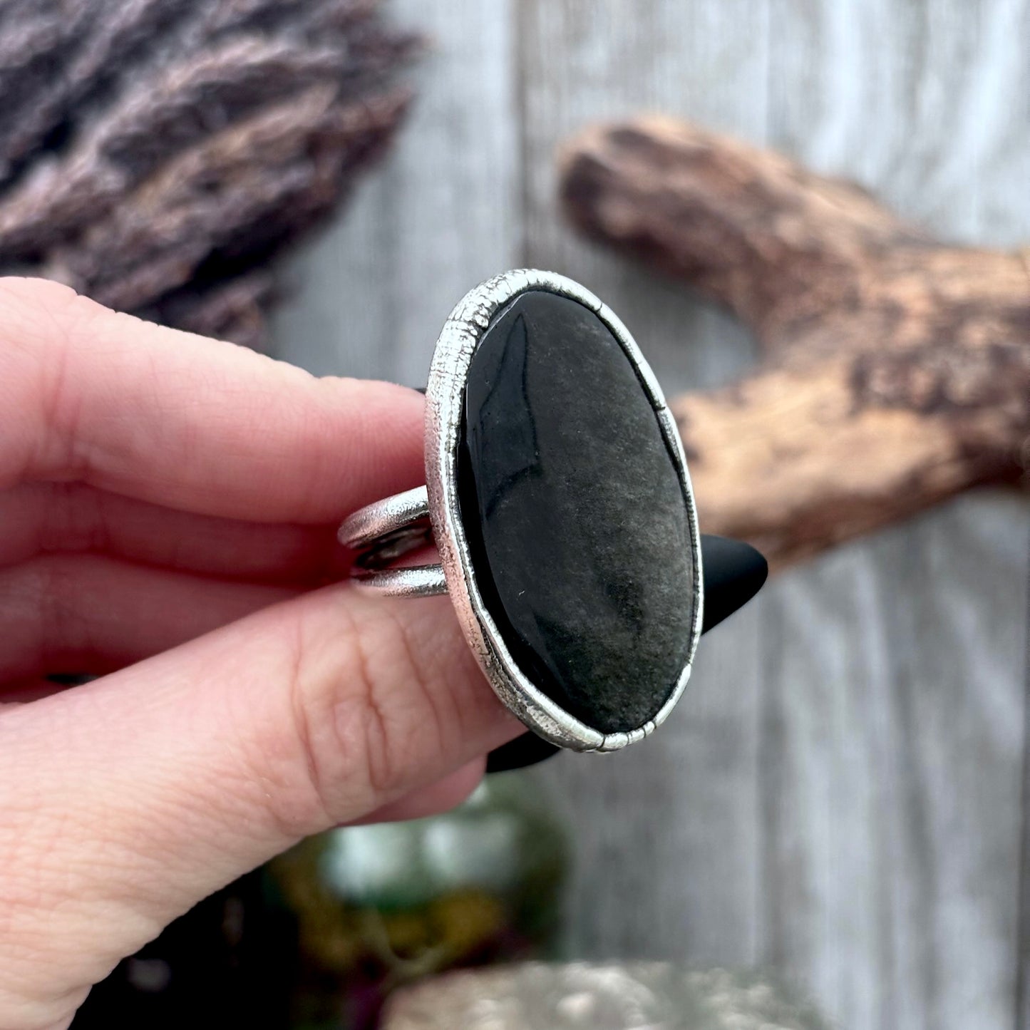 Silver Sheen Obsidian Crystal Ring Fine Silver Size 9 / Foxlark Collection - One of a Kind